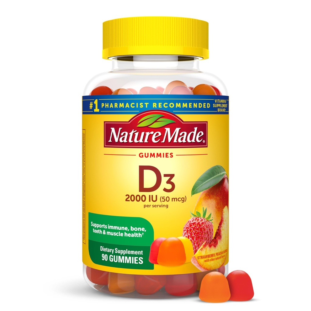 Nature Made Vitamin D3 2000 IU Per Serving Gummies, Kost, Zuby, Muscle and Imunitary Health Support, 45 Day Supply, 90 Vitamin D Gummies pro dospělé