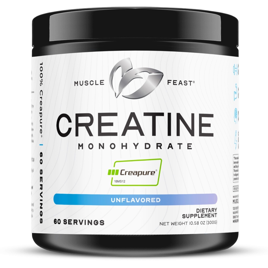 Svalová hostina Creapure Creatine Monohydrát Prášek, Vegan Keto Friendly gluten- Free, Mass Gainer, Svalová recovery Dodatek a důvěryhodné stvoření pro růst svalů, Creatin prášek, Neochucené, 300g