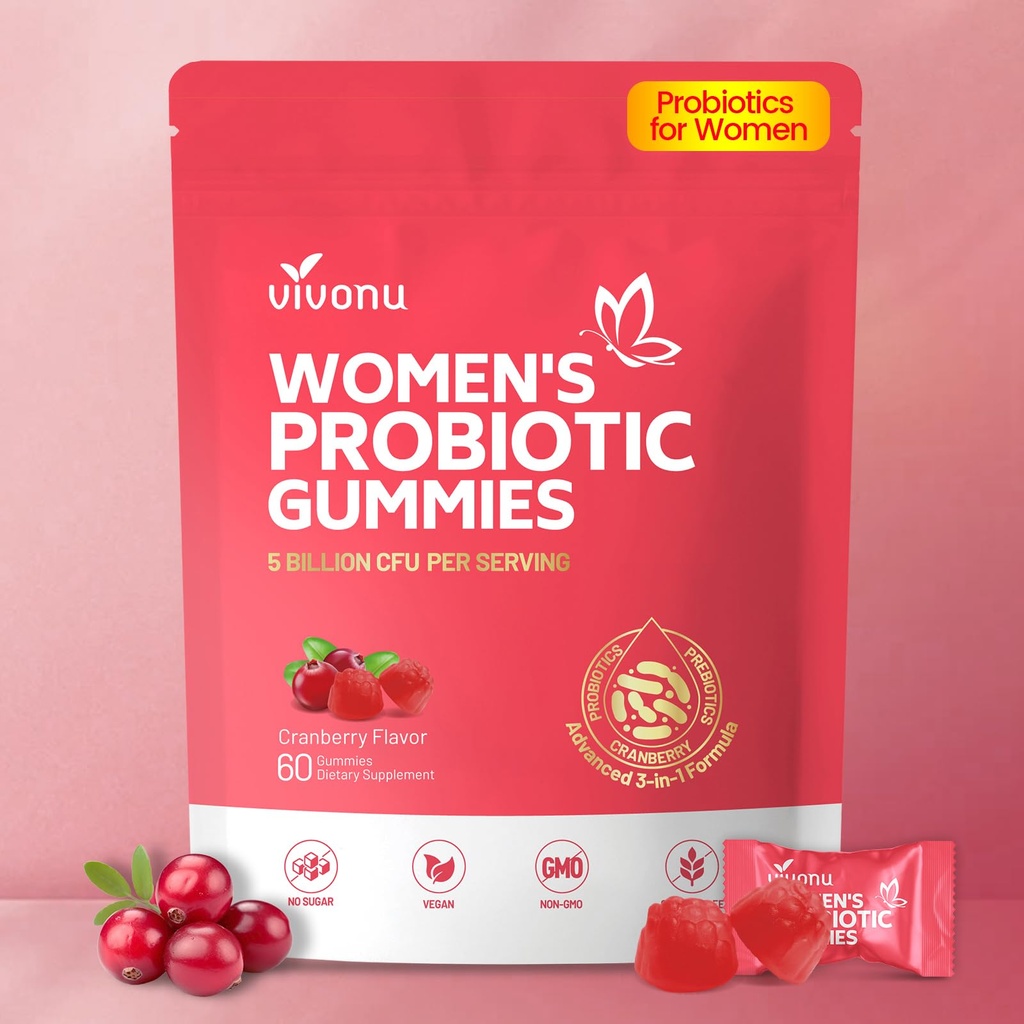 VivoNu Viginal Probiotika pro ženy, Ženy Probiotické Gumy, Feminin Balance Gummies, Prebiotic Gummy, Cranberry Probiotika pro ženu Vaginigal zdraví, kvasinky Ph Balance 124; 60 Gumy