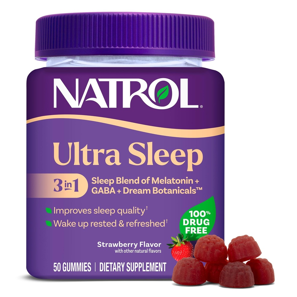 Natrol Ultra Sleep 3-in-1 100% Drog- Free Sleep Aid Blend with Melatonin, GABA & Botanicals, Dietní dodatek, Non-Habit Forming, 50 Gummies