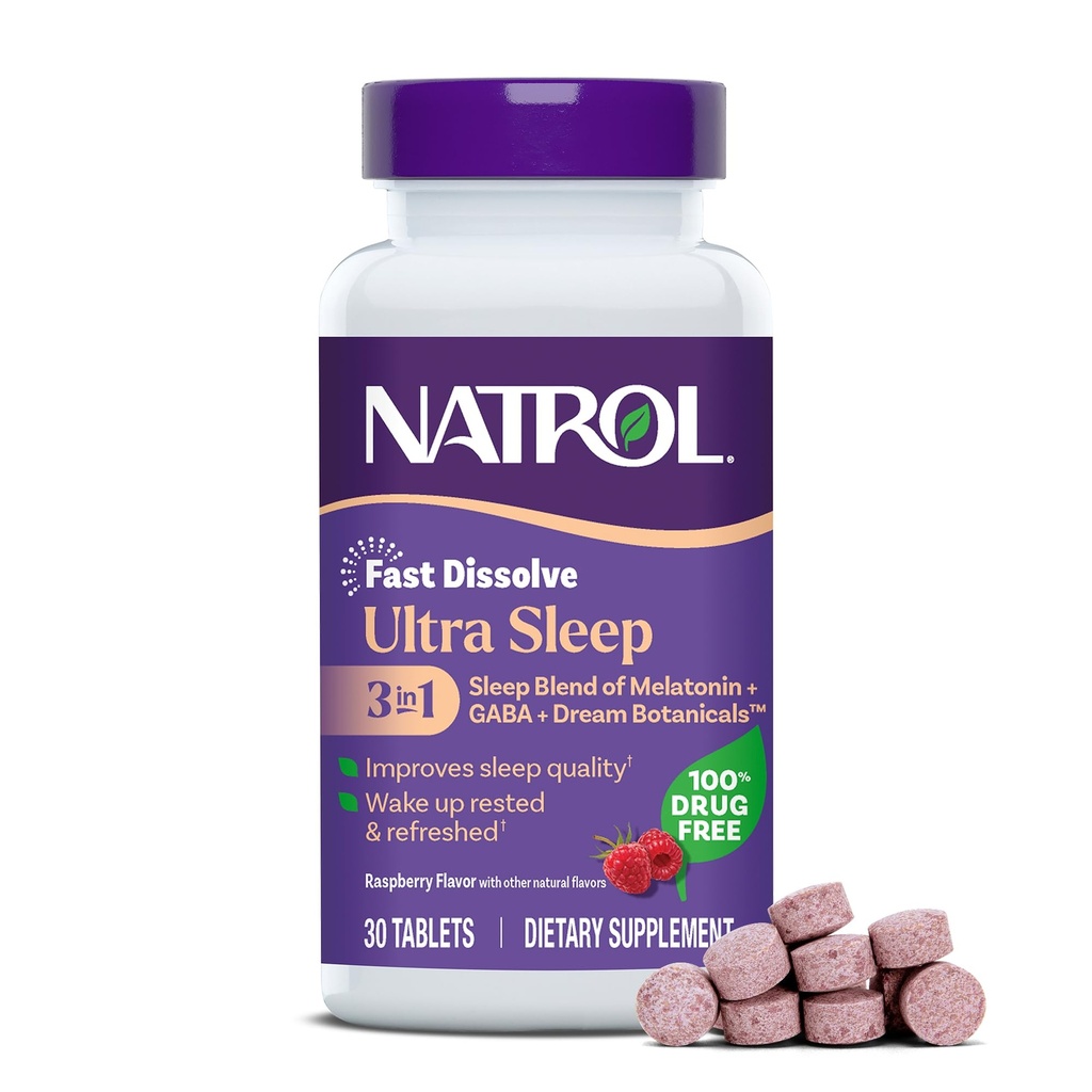 Natrol Ultra Sleep 3-in-1 100% Drog- Free Sleep Aid Blend with Melatonin, GABA & Botanicals, Dietní dodatek, Non-Habit Forming, 30 Rychlé rozpuštění tablety