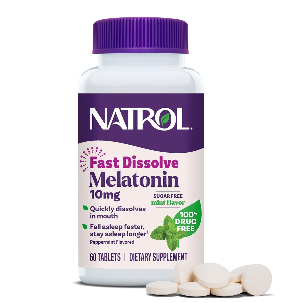 Natrol Melatonin 10mg Fast Disolt Tablety - mátový Flavor, 60 Počet, Podpora spánku, Rychlé rozpuštění melatonin pro dospělé, 60- denní zásobování