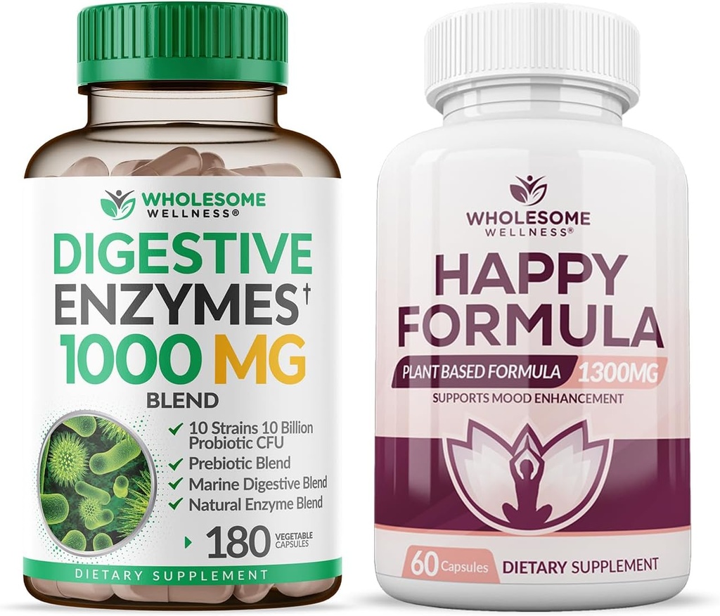 Zdravé Wellness trávicí enzymy 1000MG Plus Prebiotika & Probiotika Dodatek + Happy Formule Přírodní Stres Formule Relief Dodatek pro ženy & Muži Bundle