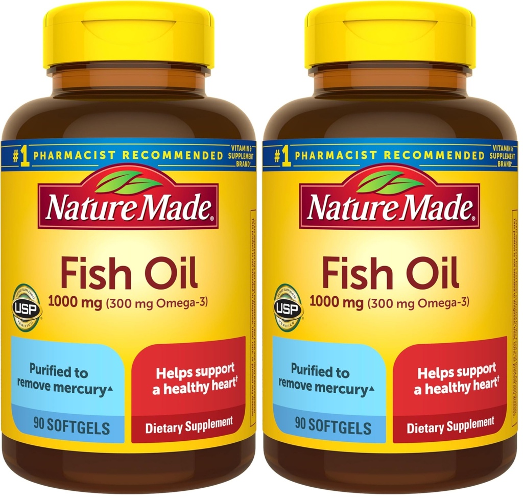 Příroda vyrobený rybí olej Omega 3 doplňky, 1000 mg Softgels, Omega 3 Fish Oil pro zdravou podporu srdce, 90 Softgels, 45 denní dodávky (balení po 2)