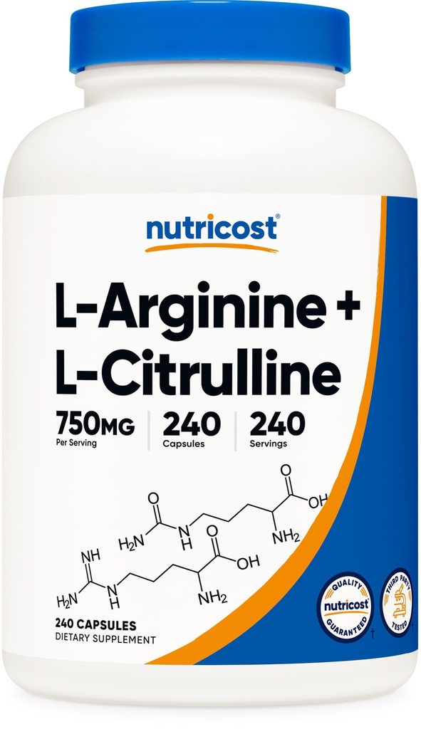 Nutricost L- Arginin L- Citrulin Complex 750mg, 240 tobolek - Non- GMO