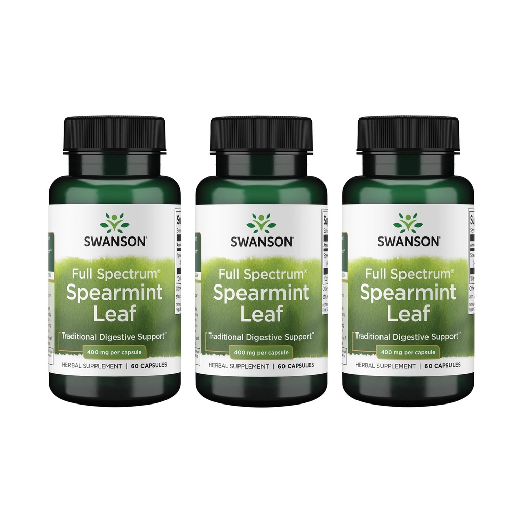 Swanson Spearmint Leaf (Mentha Spicata) -Full Spectrum Bylinný dodatek Podpora trávicího zdraví & Mírné žaludeční problémy - (60 Kapsle, 400mg každý) 3 balení