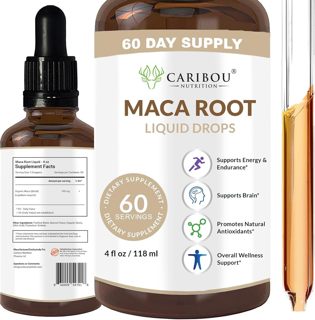 Maca Root Liquid Drops CLANE124; Premium Organic Maca Root Extract CLANE124; Maca Supplement for Enhanced Mood & Vitality CLANE124; 60 Servings CLANE124; 4 Fl Oz