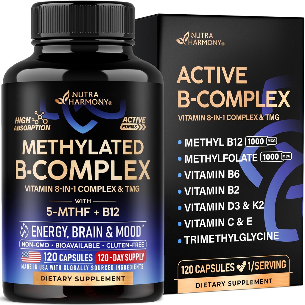Vitamin B Complex Methylovaný - B- Complex with Methylfolát & B12 - Biologicky dostupný pro muže a ženy - 9- in-1 Metylovaný multivitamin - Energie, Brain & Mood - Vegan - Made in USA - 120 Kapsle, Jeden / den