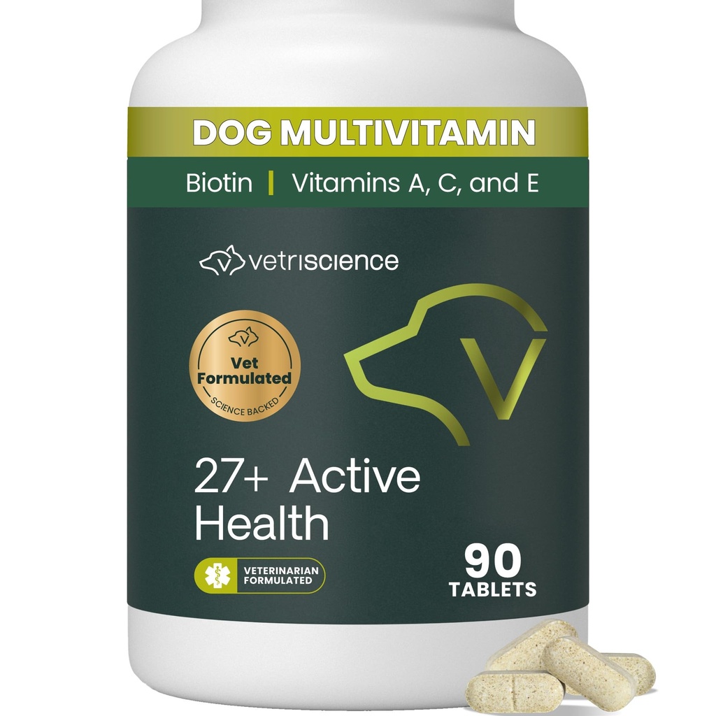 VetriScience 27 + Active Health Chewable Tablety, Canine Plus Daily Multivitamin pro štěňátka a dospělé psy, Balanced Vitamíny, Minerály a antioxidanty, Podpora zdraví a wellness, Duck, 90 Počet