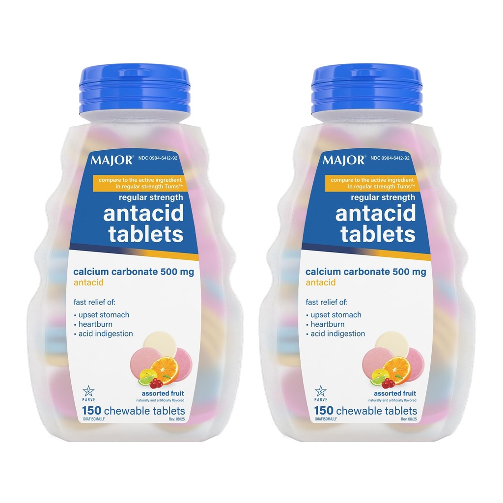 MAJOR Pravidelná dávka Antacida Tablety - Karbonát vápenatý 500 mg - Tříděný ovocný příchuť - 150 Žvýkaček Počet (2 balení)