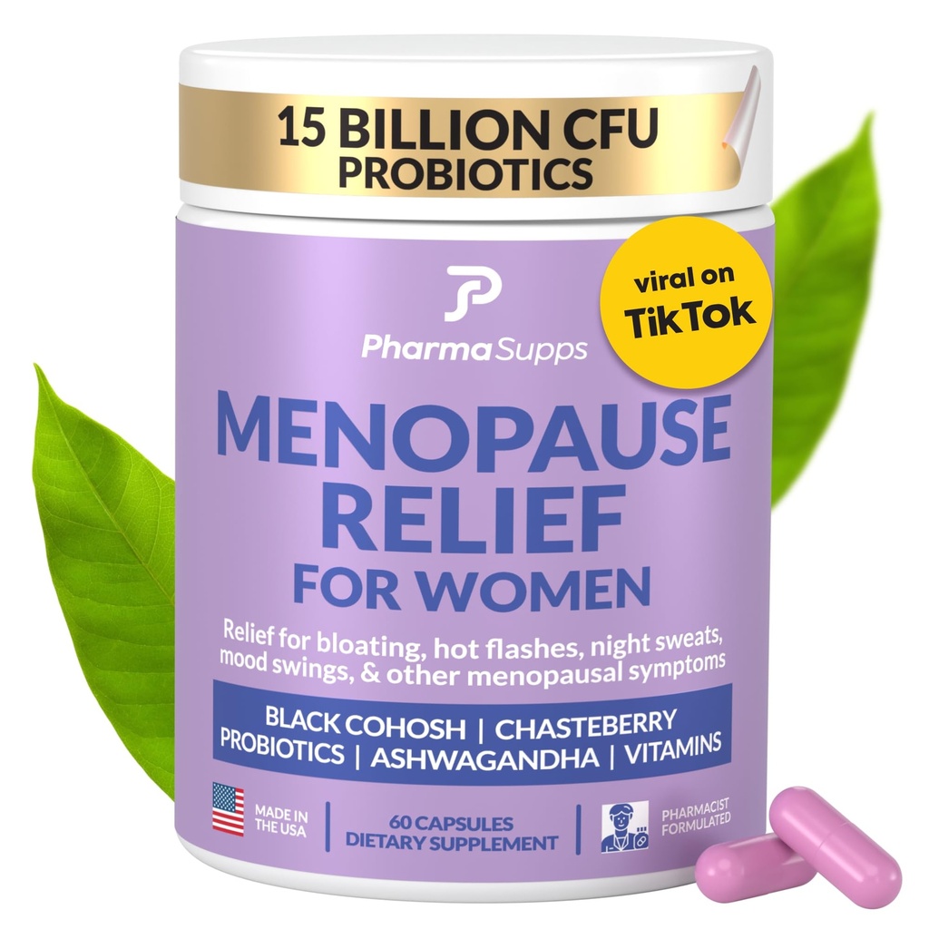 Přírodní menopauza Doplňky pro ženy - Perimenopauza Doplňky pro hormonální rovnováhu, Bloating & Mood Swings 124; Hot Flashes Menopause Relief w / Probiotika & Prebiotika, Black Cohosh & Chasteberry