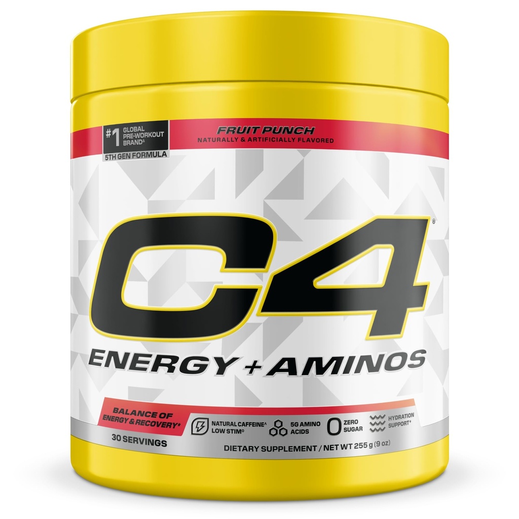 C4 Energy + Aminos Powder, 5g BCAA & EAA pro svalovou obnovu, 3 elektrolyty pro hydrataci, 100mg přírodní kofein, Pre Workout, Nulový cukr, 30 Služební, Ovocný punč