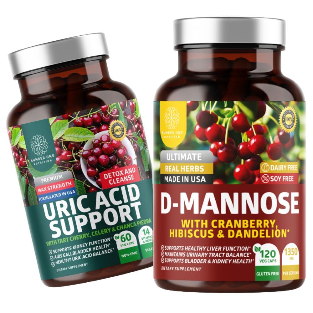 Number One Nutrition N1N Premium D- Mannose s Cranberry & Hibiscus [1350mg], 120 Kapsle a Support kyseliny močové s 14 Potent Byliny, 60 Kapsle, 2 Pack Bundle