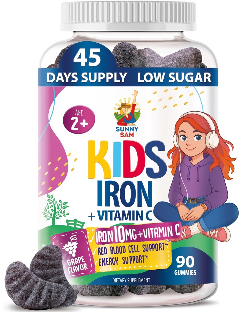 SUNNY SAM Iron Gummies for Kids & Teens - 10mg Iron Vitamíny s vitamínem C - Low- Cukr Žvýkací doplněk pro imunitní podporu, Podporuje výrobu červených krvinek pro děti a dospívající dívky