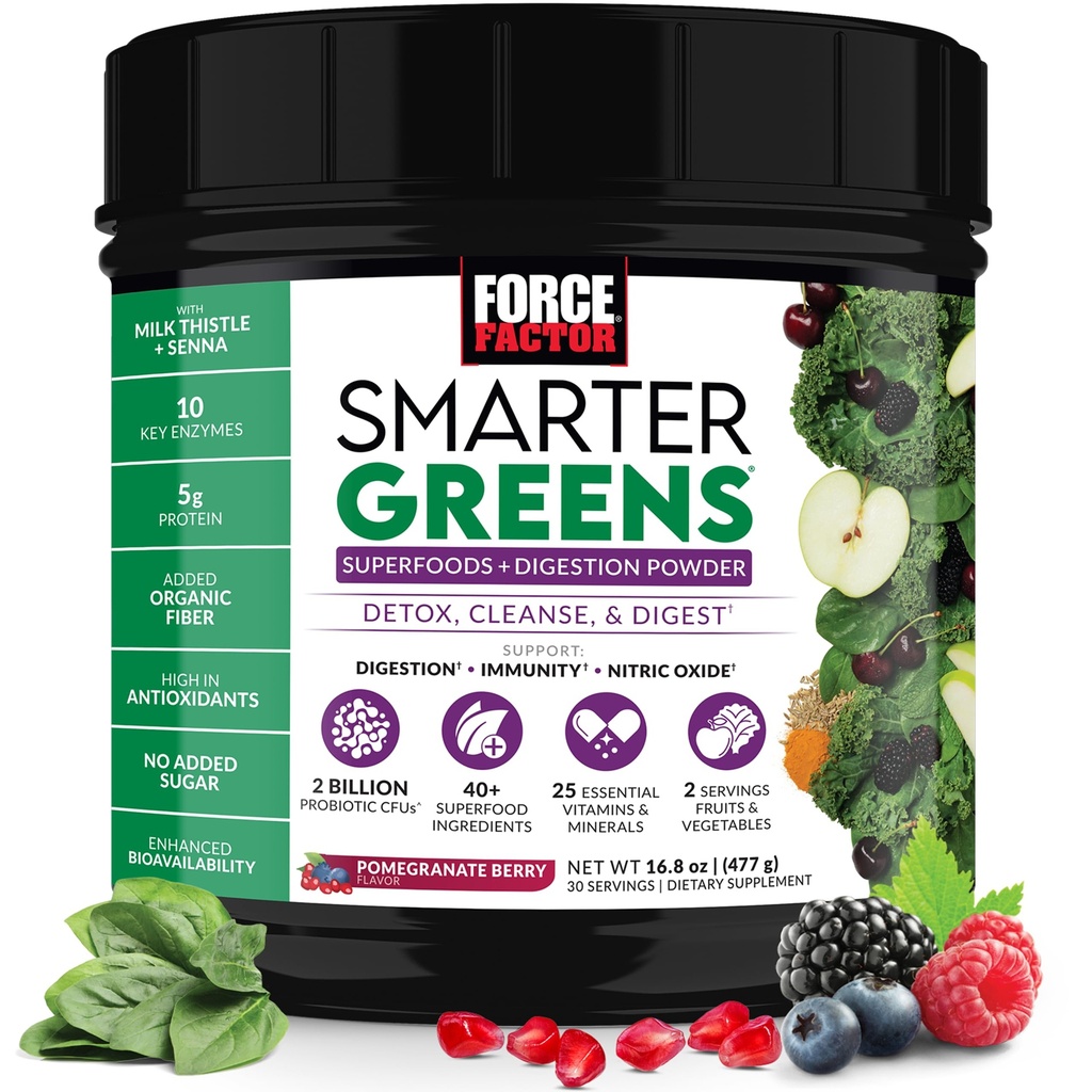 Síla Faktor Smarter Zelené Superfoods Powder na podporu trávení, Gut Health, Nadýmání, Zelená Powder s probiotika, Prebiotika, Digestive Enzymes, & Adaptogens, Pomegranát Berry, 30 Služeb