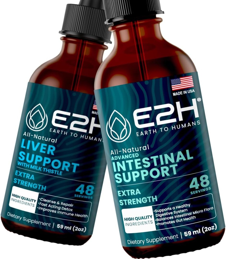 E2H: Dodatek k podpoře jater a pokročilá podpora střevní 124; Vegan, Non- GMO - 2 Fl Oz Each (4 Fl Oz Total) - Bundle