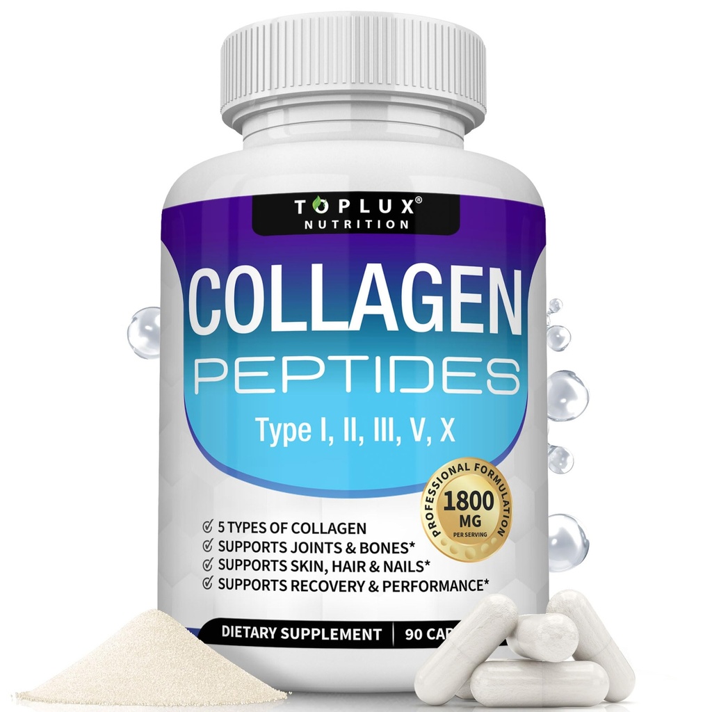 Topux Multi kolagen Peptides pilulky 1800 Mg Complex - Typ I, II, III, V, X Premium kolagen komplex pro lepší pleť & vlasy, silný kloub, hydrolyzované bílkoviny, pro muže ženy, 90 Kapsle, dodatek