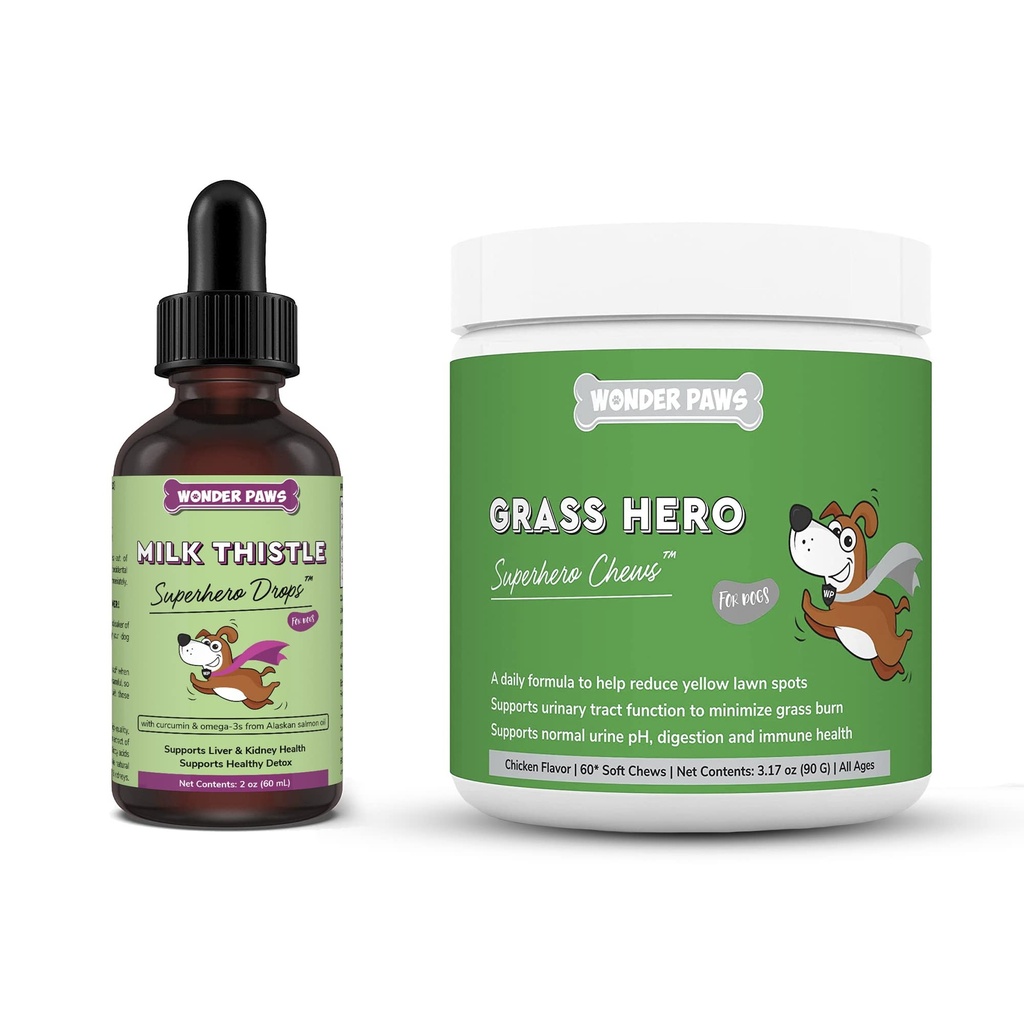 WONDER PAWS Mléko Thistle Drops Plus Tráva Hrdina Měkké Žvýkačky - pro psy Játra a ledviny Podpora, Detox & Močové Trakt Zdraví - Mléko Thistle 2 Ounces - Tráva Hrdina 60 Žvýkačky