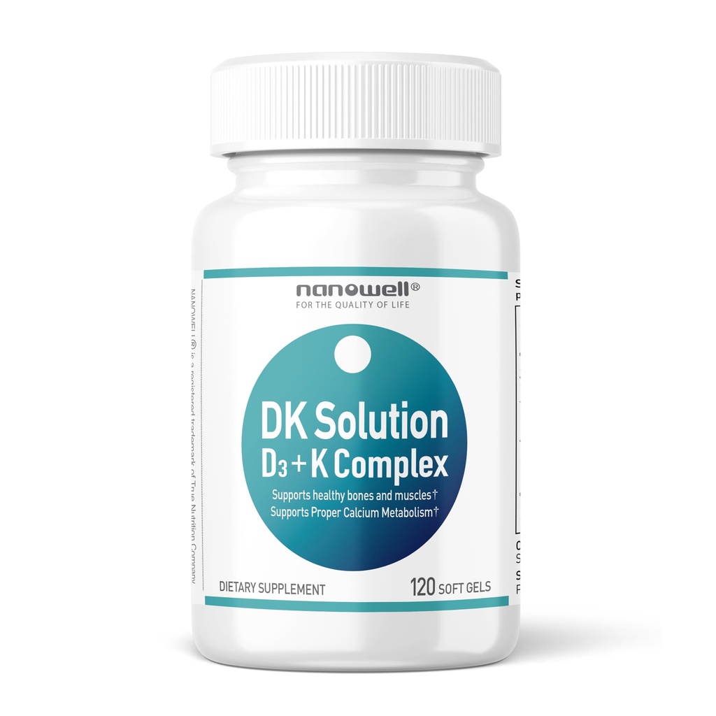 NANOWELL DK Solution Vitamin D3 2000 IU (50 mcg) + K Complex - Dietní dodatek pro podporu kostního, svalnatého a imunitního zdraví - 120 Softgels, 120 Day Supply
