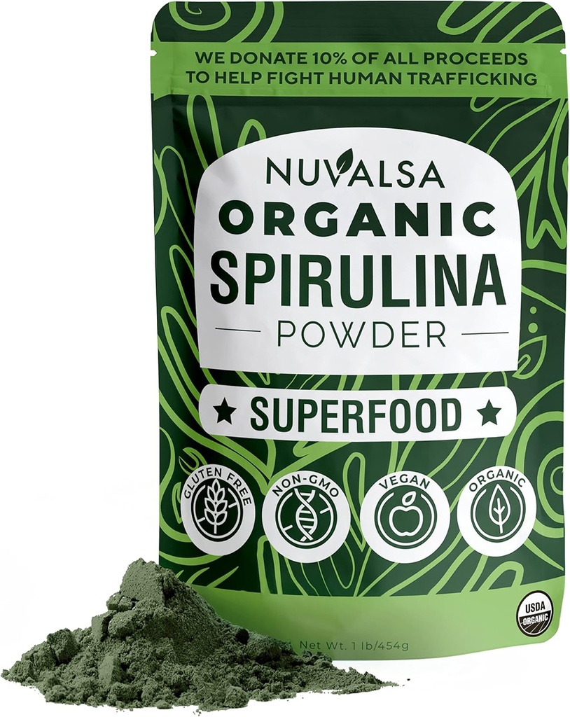 Nuvalsa Organic Spirulina Powder 1lb - 100% čistý Superfood dodatek od Blue Green Algae Non GMO pro Smoothie & Protein Drink, Vegan & USDA Certified Organic - 100 Služeb