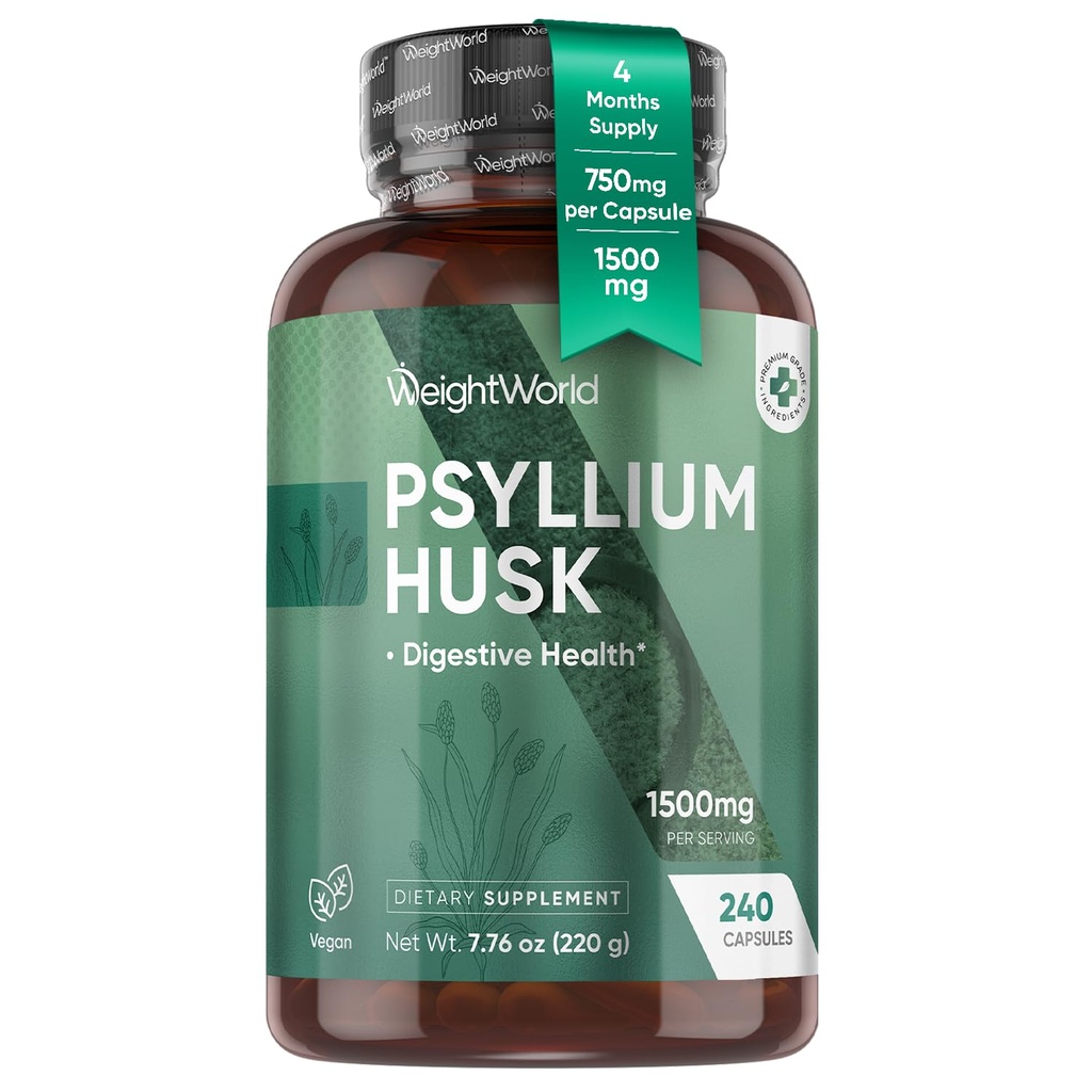 WeightWorld Psylium Husk Kapsle 1500mg Per Serving, 240 Vegan Kapsle - 4 měsíce Dodávka - pro stravovací zdraví - Denní Psylium Husk Fiber Dodatek - Non- GMO, GMP- Schváleno, & Allergen- Free