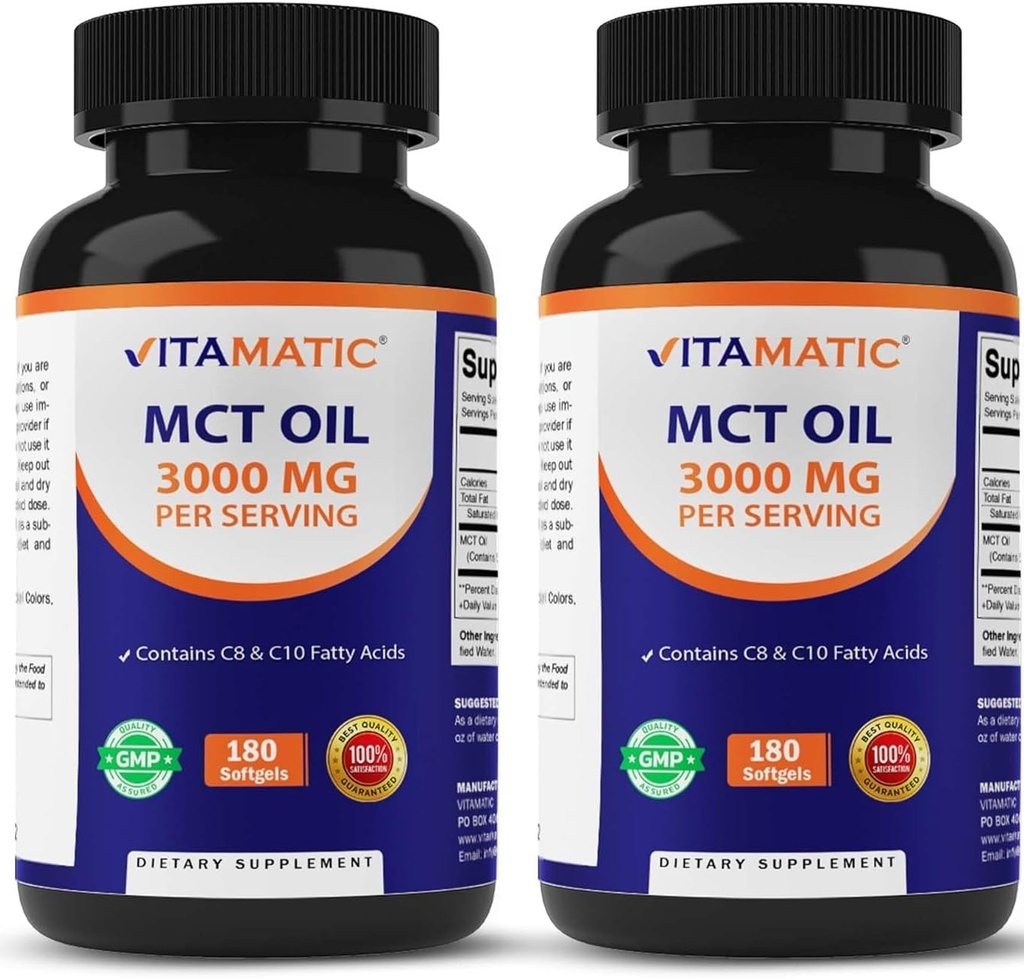 Vitamatic 2 Packs MCT Oil Capsules 3000 mg per Serving - 180 Softgels - from Coconut Oil - Obsahuje 55% kapslí Acid C8 a 40% kapric Acid C10 (Total 360 Softgel)
