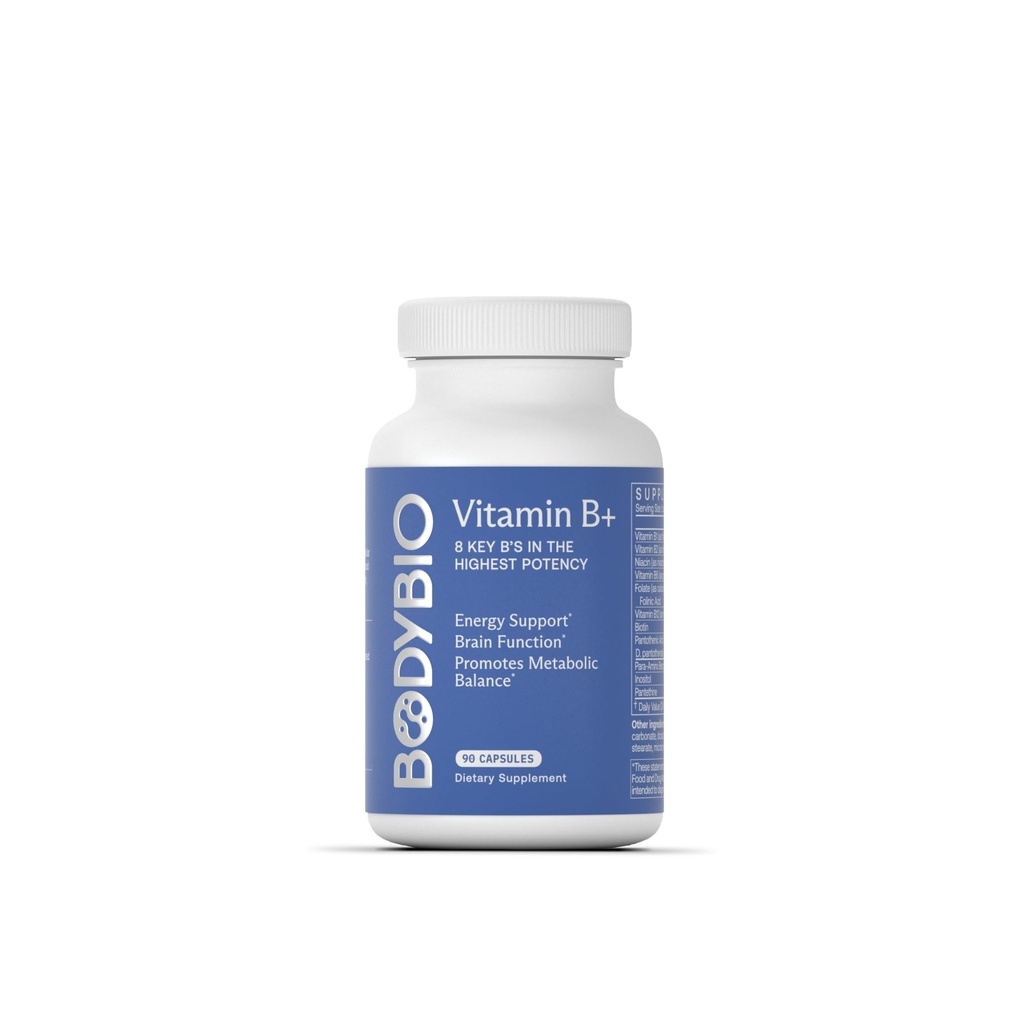 BodyBio - Komplex vitaminu B zahrnující B1, B2, B3, B5, B6, methyl B12, kyselinu folickou, 5-MTHF a B7 na podporu bdělosti, metabolismu a imunitního systému, 90 Kapsle
