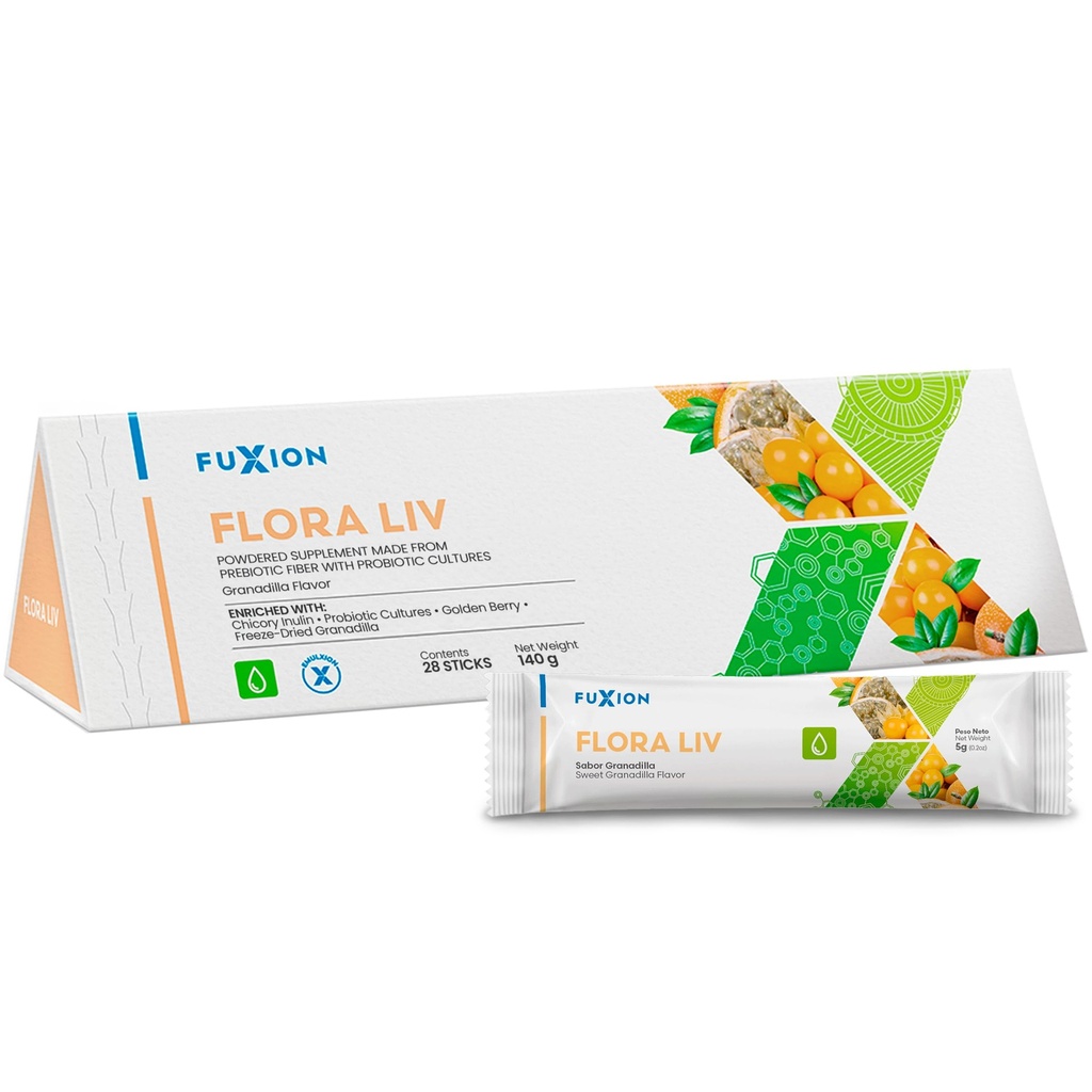 Fuxion Flora Liv CLANE124; Probiotický nápoj CLANE124; Probiotika pro ženy a pro muže CLANE124; Gut Health CLANE124; Pomáhá Mantain Balance of the Instestinal Flora CLANE124; Lactobacillus a Bifidobacterium CLANE124; Sweet Granadilla Flavor CLANE124; 28u