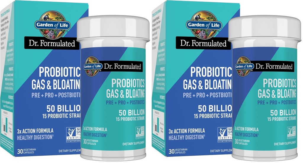 Zahrada života Dr. Vydávaný Pre, Post & Probiotika Plyn & Bloating jednou denně 3- in-1 Kompletní Prebiotika, Postbiotika & Probiotika - 50 miliard CFU, Non- GMO, Gluten- Free, 30 Day Supply, (Balení po 2)