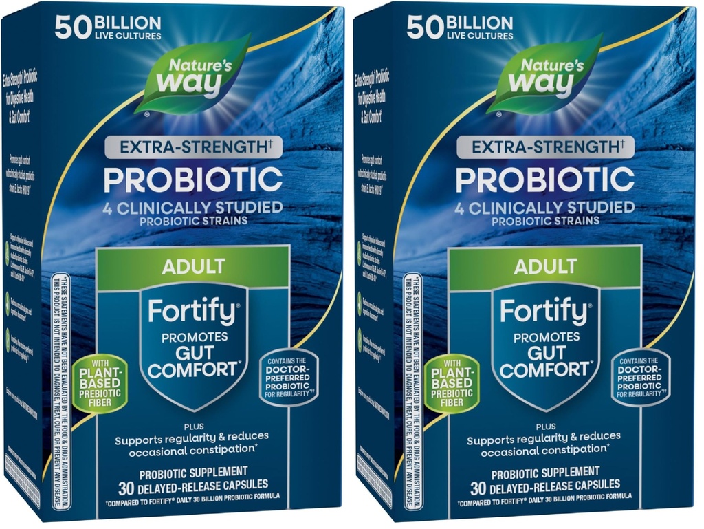 Nature 's Way Extra Strength (1) Fortify Probiotic, Probiotics for Digestive Health, Prebiotics, 50 Billion Live Cultures, Digestive & Imunitary Health Support *, 30 Kapsle, (Balení po 2)