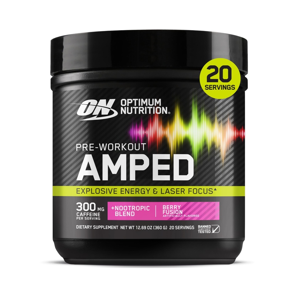 Optimum Nutrition Amped Pre- Workout, s Citrulline, Beta- Alanin, Nootropics a 300mg kofeinu pro energii, Berry Fusion, 20 Servings (Balení May Vars)