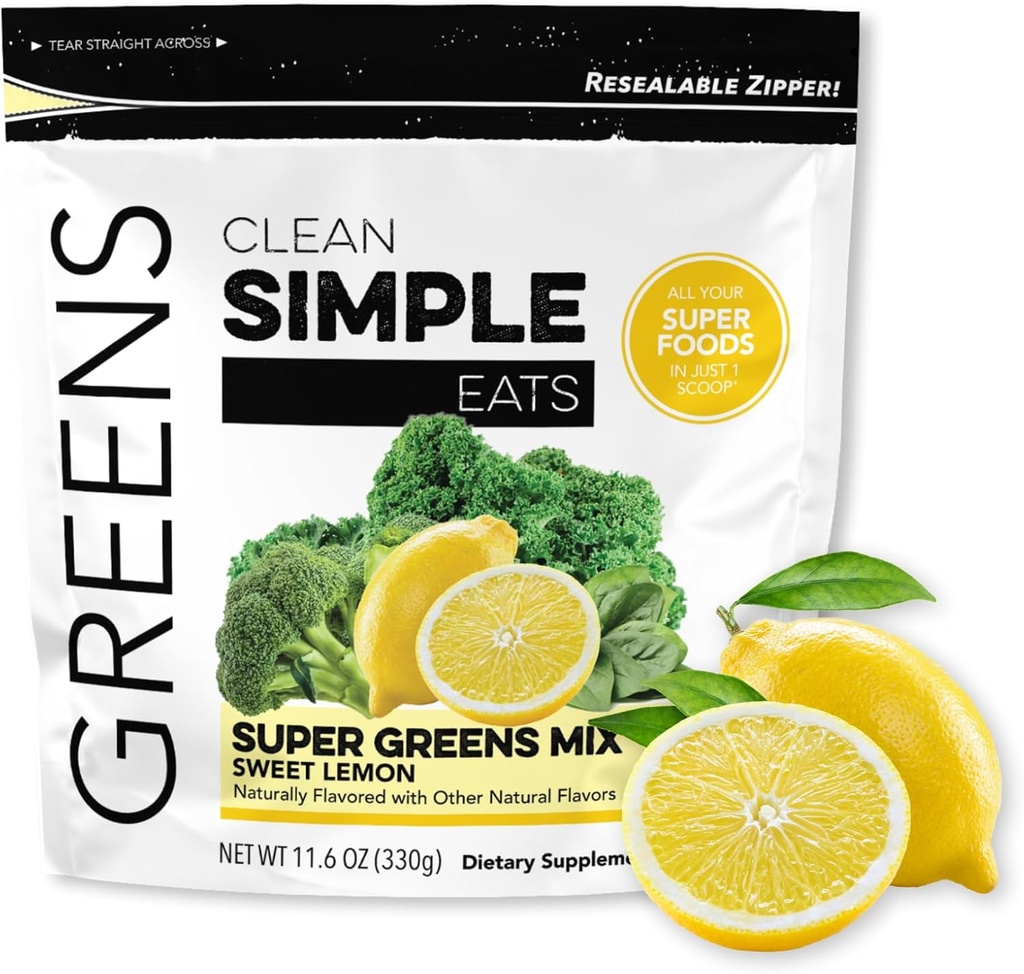 Čisté jednoduché jí super zelené prášek, přirozeně ochucené zelené prášek s Chlorella, Spirulina, Superfoods & Prebiotic Fiber, Žádné umělé ingredience, Lepidlo zdarma, Sladké Lemon Flavor, 30 Služeb