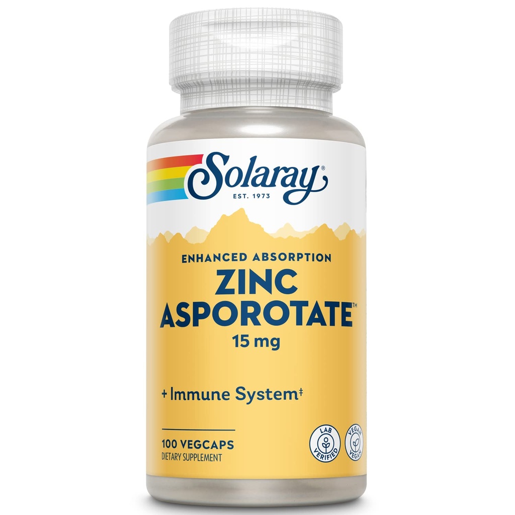 Solaray Zinek Asporotace 15mg Chelated Complex CLAS124; Imunitní a endokrinní podpora, Cela & Kožní zdravotní vzorec, 100 VegCaps