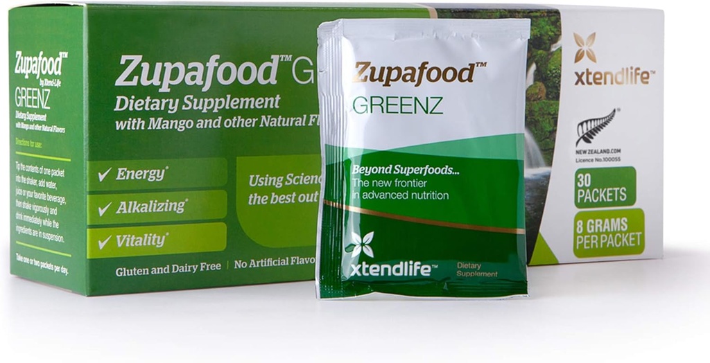 Xtendlife Zupafood GREENZ Powder - Organic Greens Powder Superfood Detox Juice Mix with Spirulina / Wheatgrass for Gut Health, Natural Detoxification & Strong Imunity F124; 30 Packs (Vegan & gluten zdarma)
