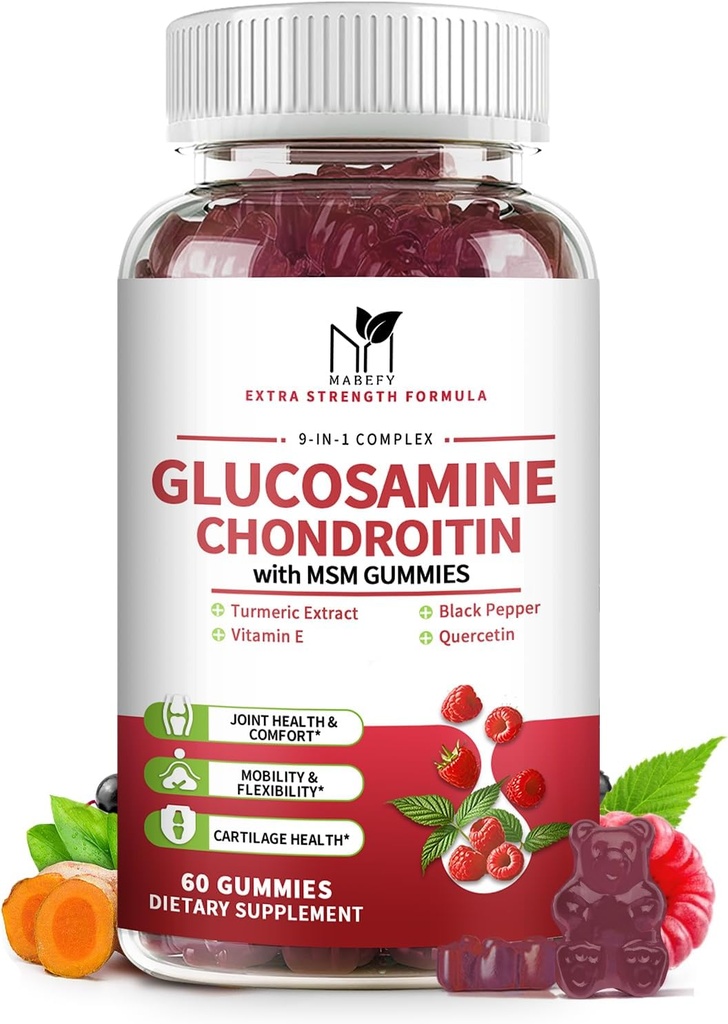Glucosamine Chondroitin Gummies Triple Strength (1,000mg Glucosamine, 750mg Chondroitin) s MSM, Turmeric, Quercetin, Vitamin E, Společná podpora Dodatek, Antioxidant 60 Gummies Raspberry Flavor
