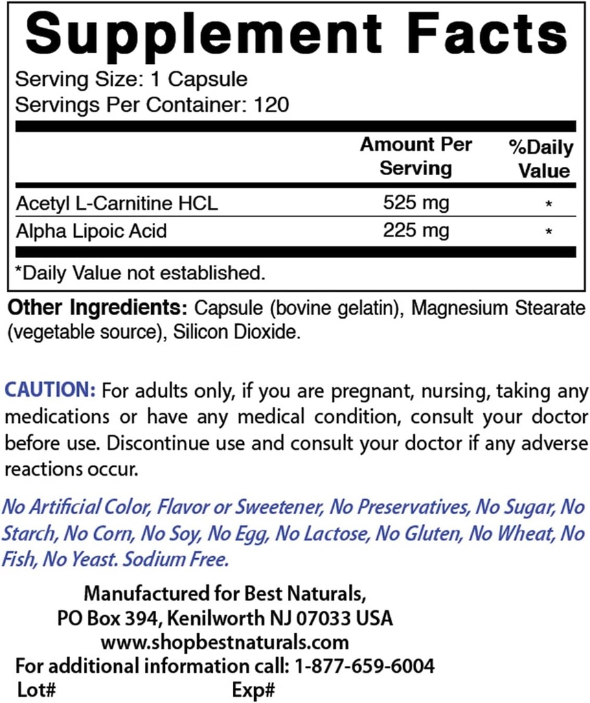Nejlepší naturals Acetyl L- karnitin a alfa kyselina lipoová 750 mg & zinek Gluconate 50 mg