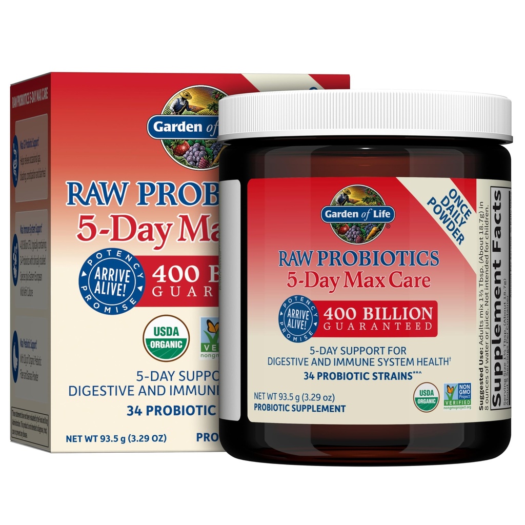 Zahrada života Raw Probiotika 5- Day Max Care - 400 miliard CFU - Probiotický prášek pro stravovací a imunitní podporu - Banán, 5 Služeb