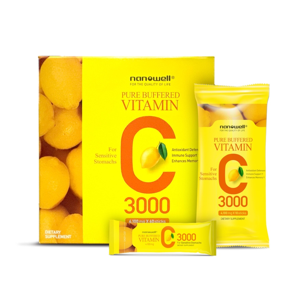 NANOWELL čistý pufrovaný vitamin C 3000 mg na servírování, dodatek stravy pro imunitní podporu - 60 Sticks x 1 Box, 2 měsíce Dodávka (60 Počet)