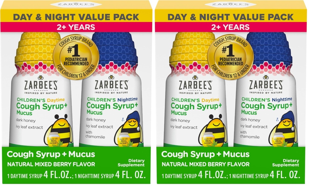 Zarbee 's Children' s Honey Cough Syrup + Mucus Day & Night Value Pack, Daytime & Nighttime Toddler Cough Syrup, Dark Honey, Ivy Leaf Extract, Heřmánek, Mixed Berry Flavor, 4 Fl Oz, (balení po 4)