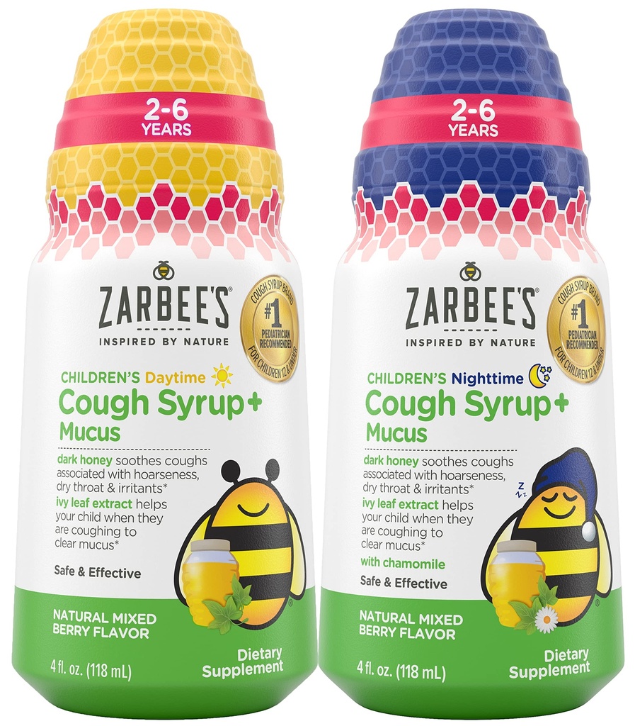 Bundle Zarbee děti kašel + Mucus Daytime a Nighttime pro děti 2-6 s Dark Honey, Ivy Leaf, Zinek & Elderberry, 1 Pediatrik Doporučeno, Droga & Alkoholo- Free, Smíšené Berry Flavor, 4FL Oz