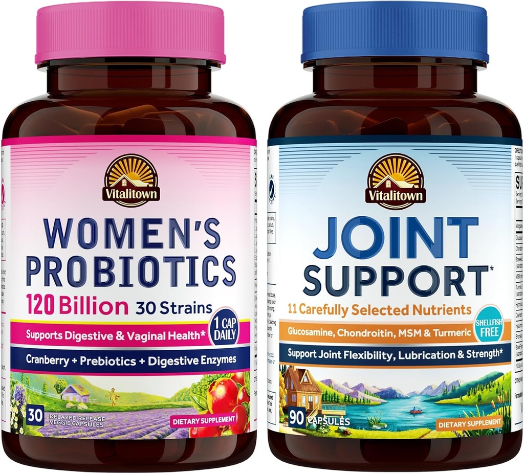 Vitalitown Women 's Probiotic & Joint Support Bundle (Pack of 2) OF 124; Women' s Probiotics 120 Billion (Item 1) & Joint Support (Item 2) OF 124; Usaditelné 124; Joint & Women 's Health OF 124; Menopauza