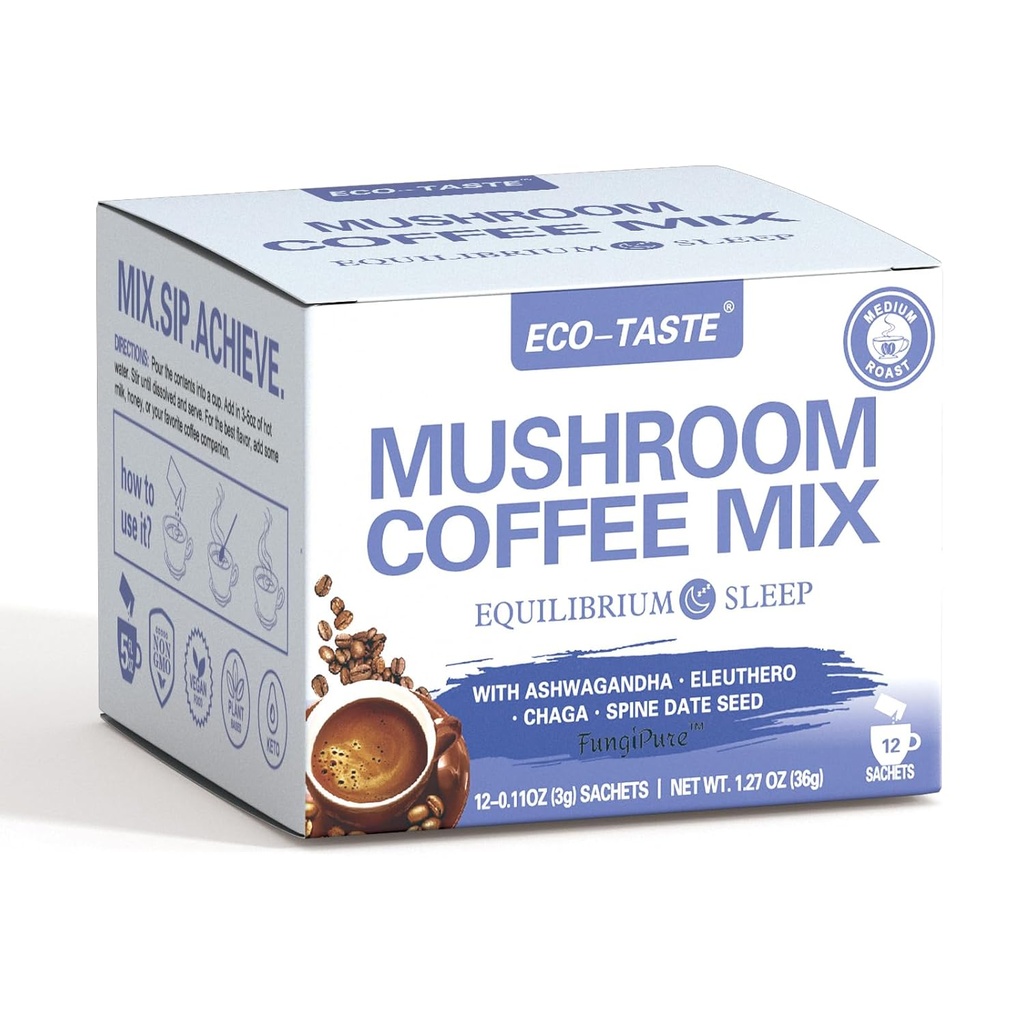 ECO- TASTE Houbový kávový mix, určený pro rovnováhu s Ashwagandha, Eleuthero, Chaga, Spine date seed - 12 Sachets