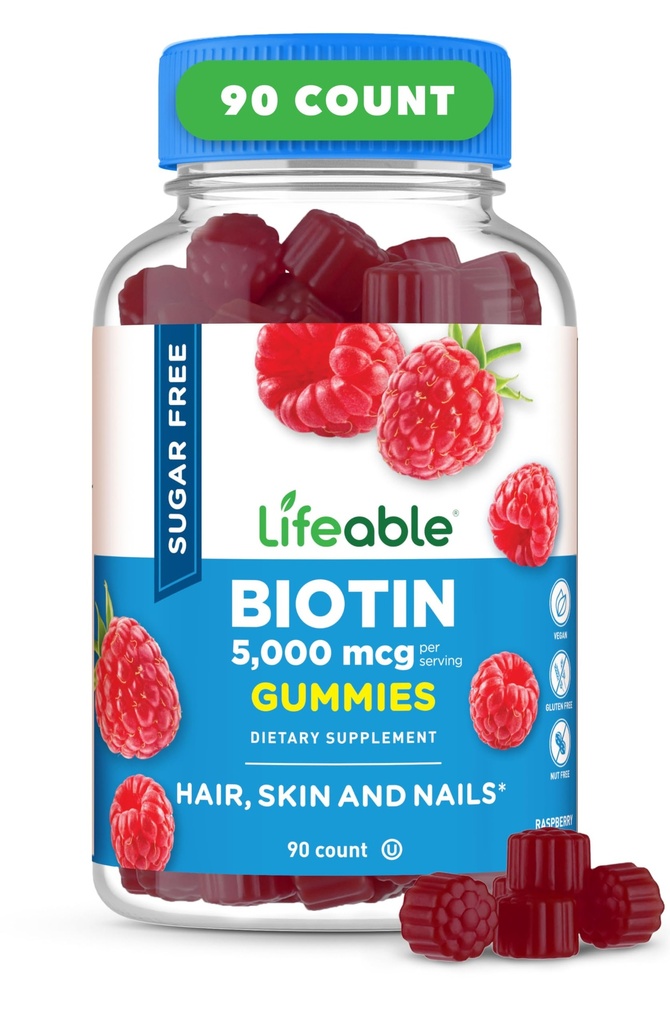 Živý cukr zdarma Biotin gumy 124; 5000mcg Vitamin B7 Dublin 124; Velký Ochutnávání Biotin dodatek 124; pro růst vlasů, kůže a nehty zdraví 124; Vlasy doplněk pro ženy, muži, dospělí 124; 90 Gumy
