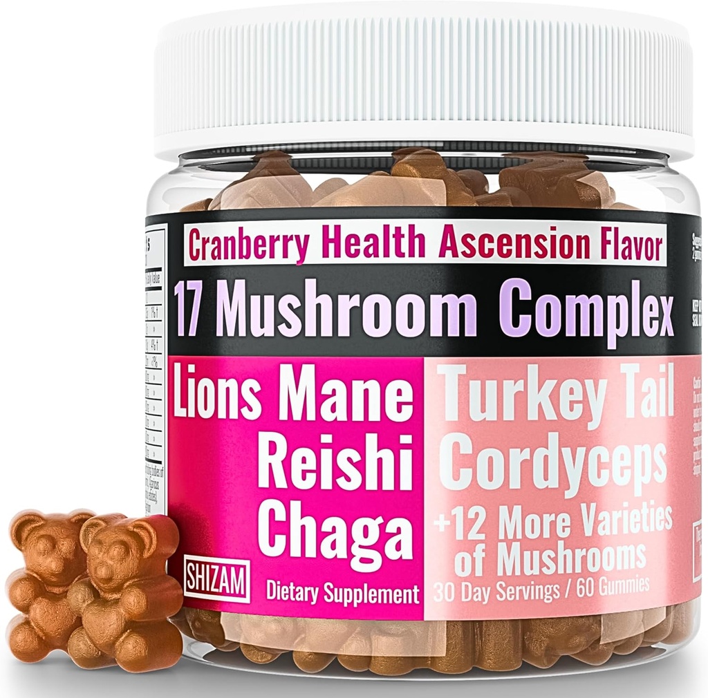 SHIZAM 17 Houbové Complex Gummies pro dospělé Chaga Lions Mane Cordyceps Reishi Lion 's Mane Turkeytail Turkey Tail, Lepší denní dodatek Alt pro kapsle & Powder Vitamíny Super-Food Blend 10