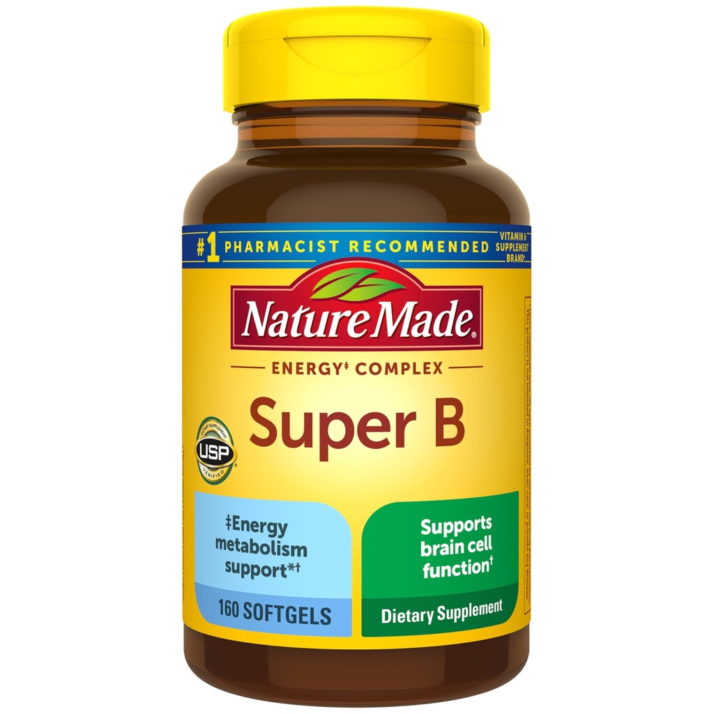 Příroda vyrobené Super B Komplexní vitamíny pro ženy a muže, Dietní dodatek pro podporu metabolismu energie, Super vitamín B komplex, 160 Softgels, 160 Den Dodávka