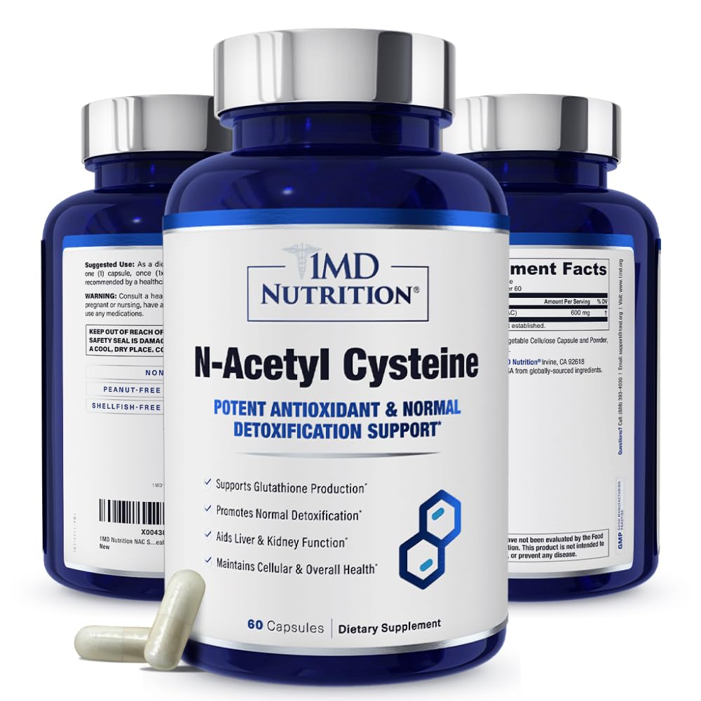 1MD Nutrition NAC Supplement N- Acetyl Cystein - NAC 600 mg - Antioxidant Podporuje Detox a Glutathione Production - N Acetylcysteine Respirační dodatek pro Lung zdraví - 60 Kapsle