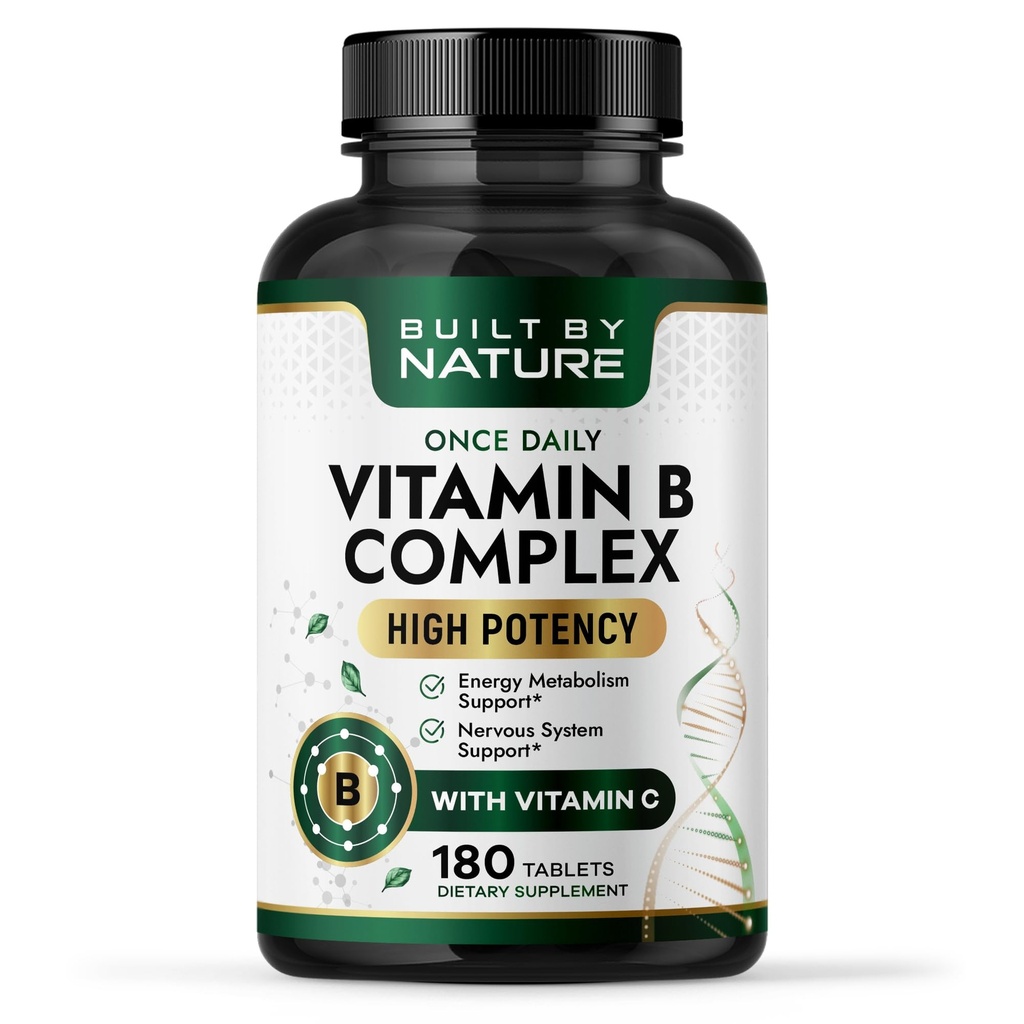 Postaven přírodou vitamin B Complex - Super B Complex Vitamíny pro ženy a muže - Energie, Stres a imunitní podpora - Vysoká potence B Vitamíny Complex s B12 - 180 Tablety