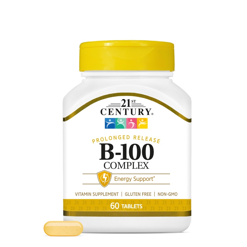 21. století B-100 Complex prodloužené uvolňovací tablety, 60 Počet (balení po 1), High potency vitamin B komplex pro nervový systém, energetická podpora, Zahrnuje vitamin B1, B2, B6, Biotin & vápník