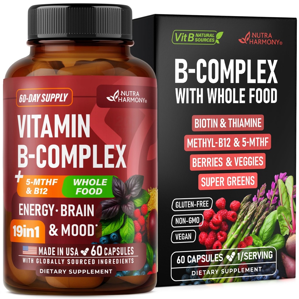 Komplex vitaminu B - B1 - 124; B2 - 124; B3 - B5 - B5 - B6 - 124; Biotin - B12 - 124; 5- MTHF - Astragalus & Whole Food Blend - Energy, Metabolismus & Brain - Vitamíny B pro ženy a muže - Made in USA - 60 Kapsle, 60 dní dodávky