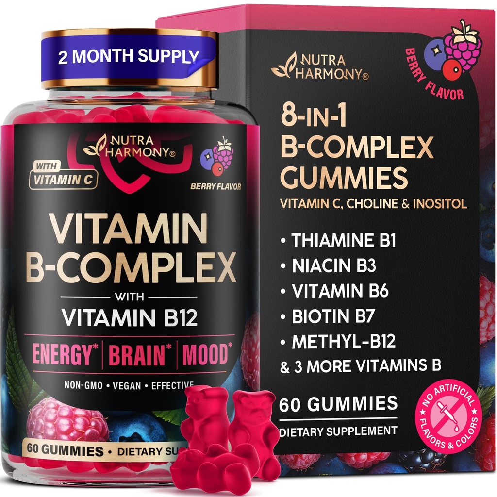 Vitamin B- Complex Gummies for Women & Men - Vitamin B12, B1, B2, B3, B5, B6, B7 & B9 - B Complex with Vitamin C & Choline - Energy, Brain & Mood - Natural Berry Flavor, Vegan - 60 Gummies pro 2 měsíce